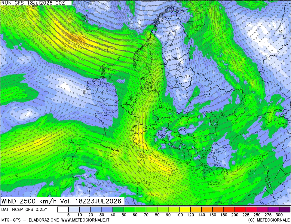 mappa 500 hPa Vento forza e direzione