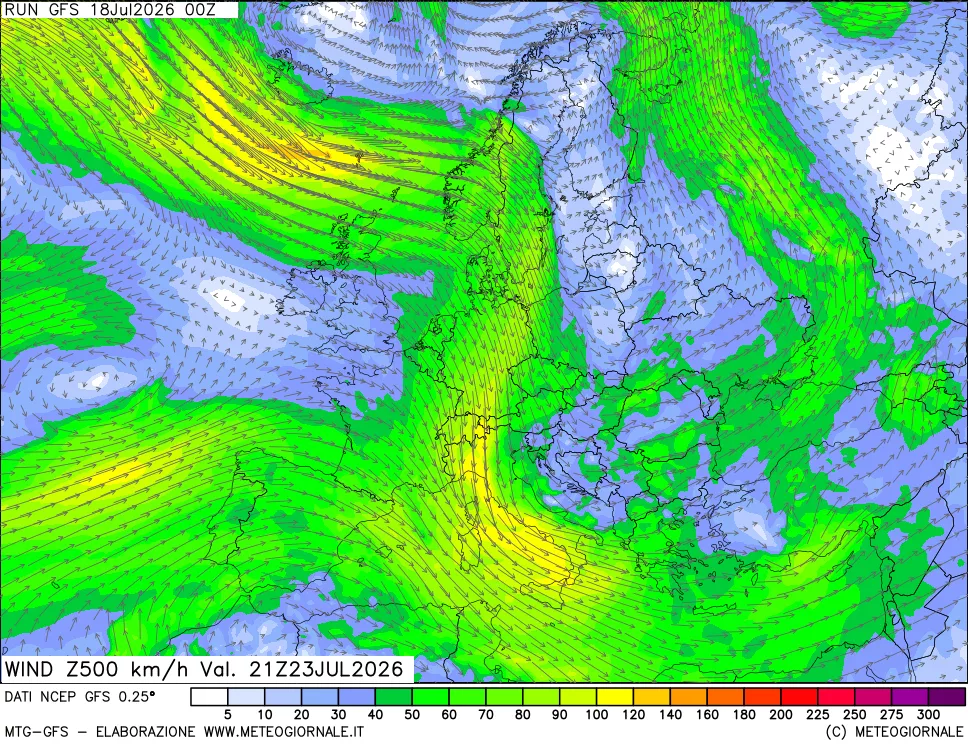 mappa 500 hPa Vento forza e direzione