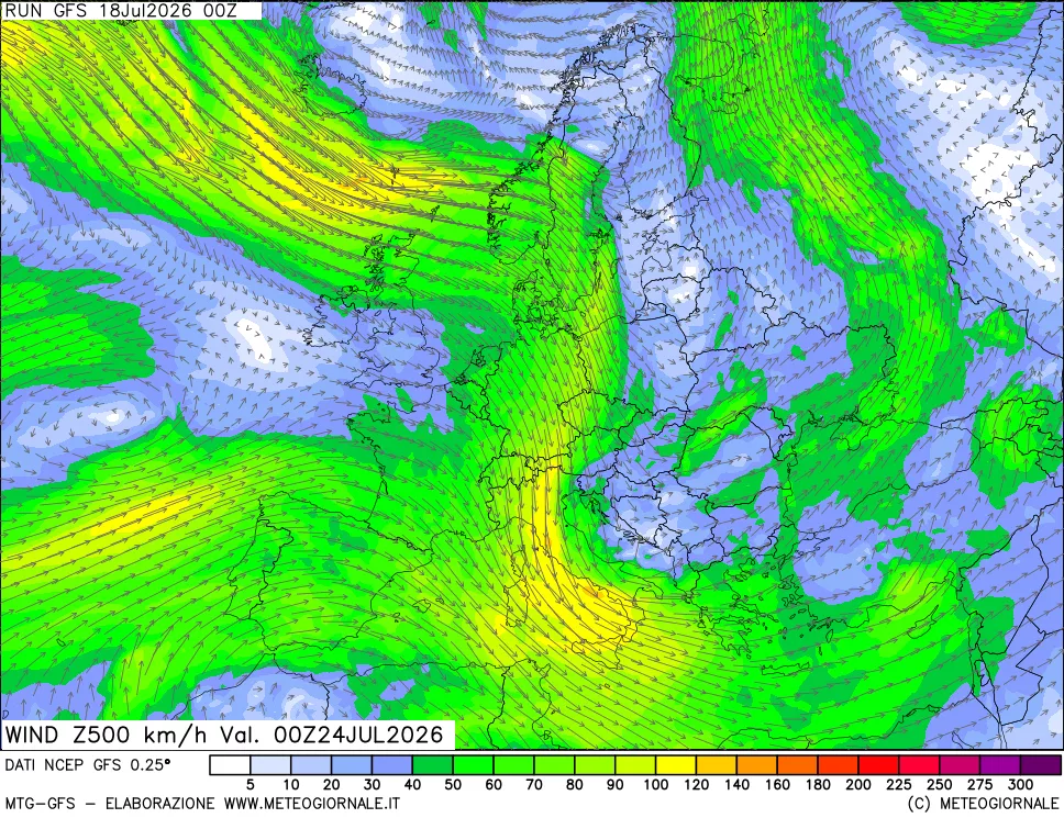 mappa 500 hPa Vento forza e direzione