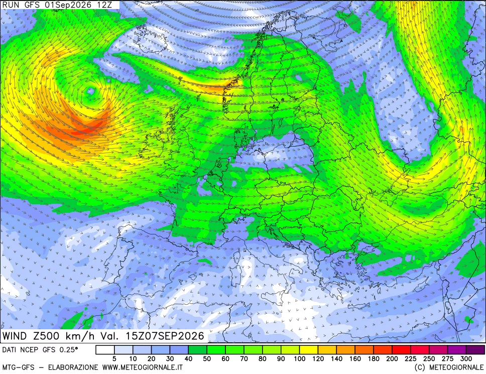 mappa 500 hPa Vento forza e direzione