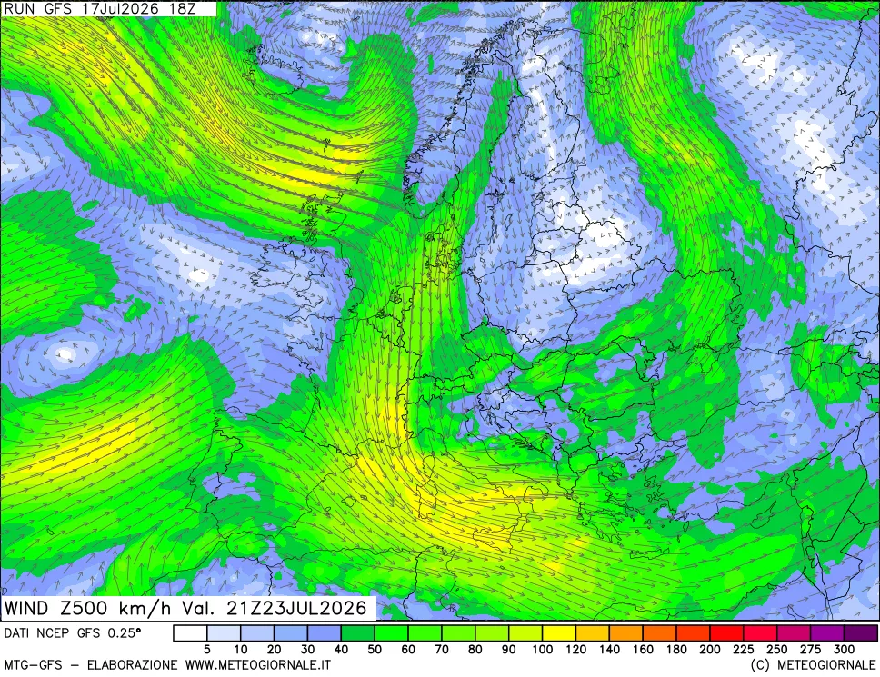 mappa 500 hPa Vento forza e direzione