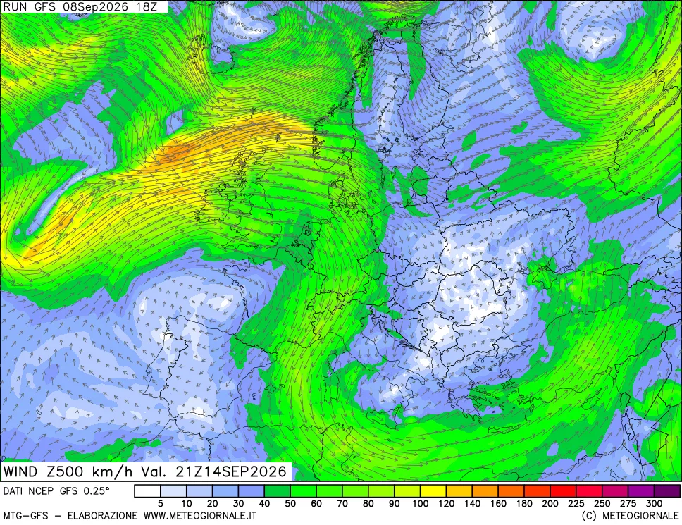 mappa 500 hPa Vento forza e direzione