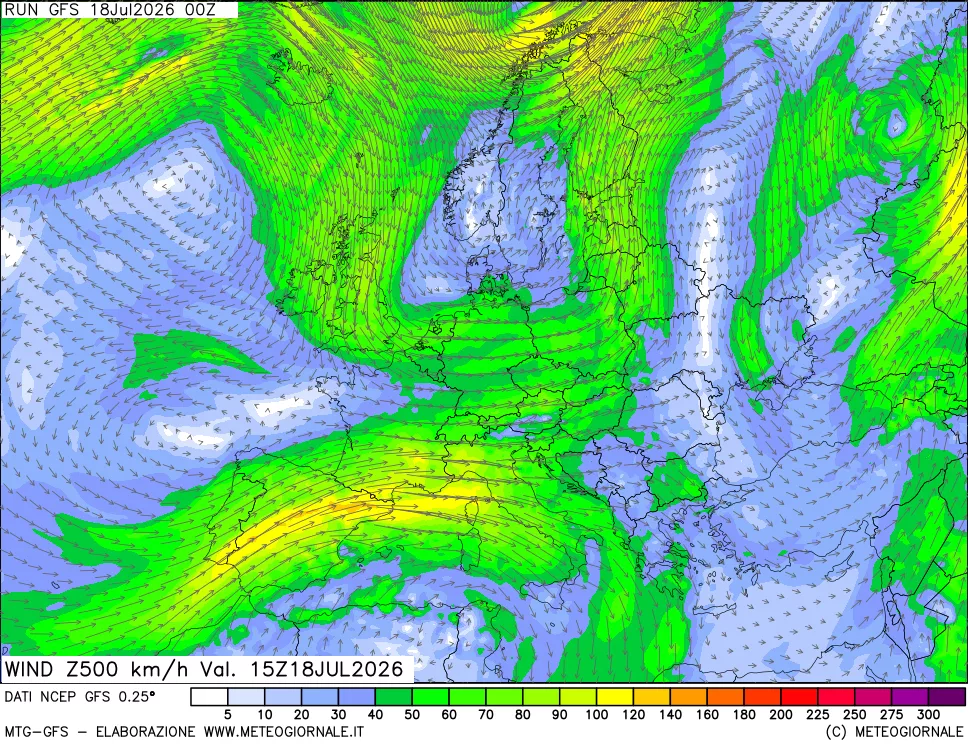 mappa 500 hPa Vento forza e direzione
