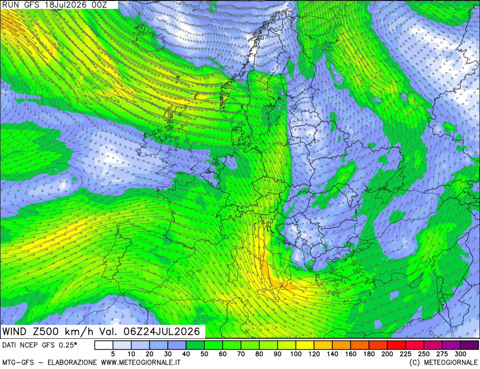 mappa 500 hPa Vento forza e direzione