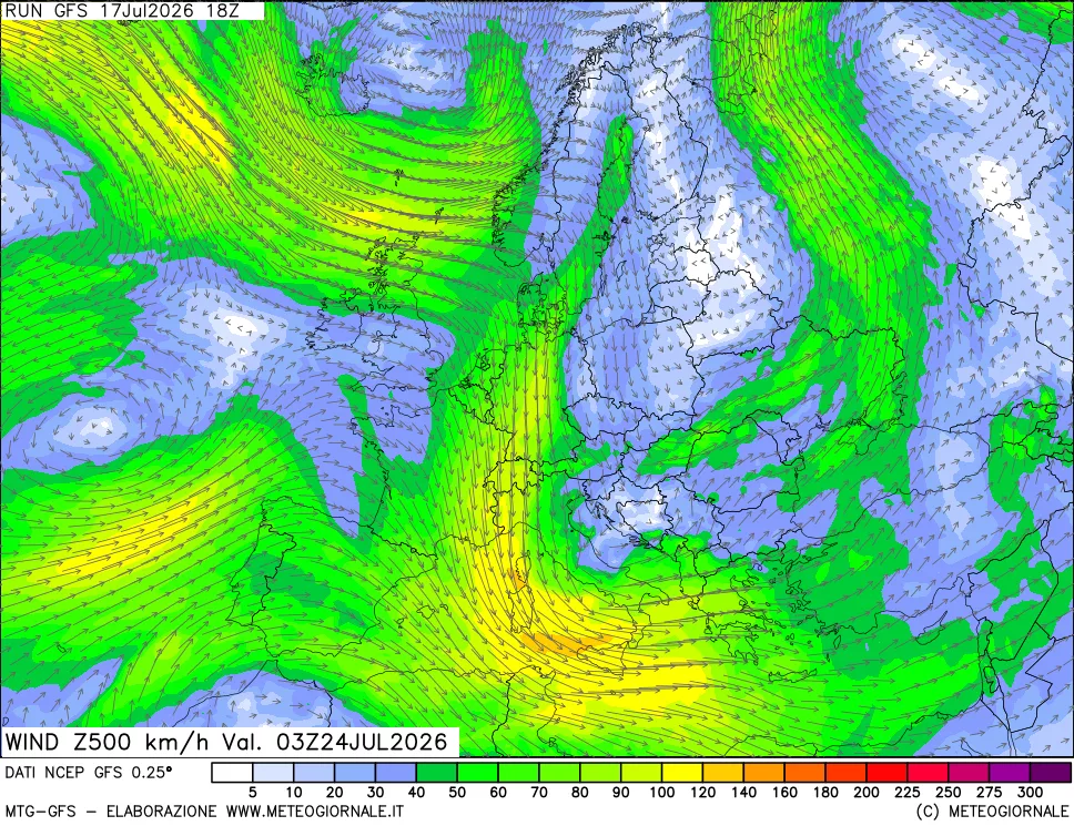mappa 500 hPa Vento forza e direzione