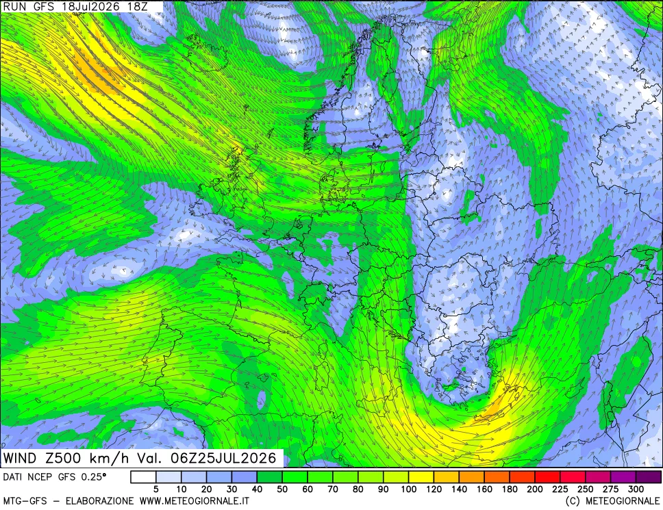 mappa 500 hPa Vento forza e direzione