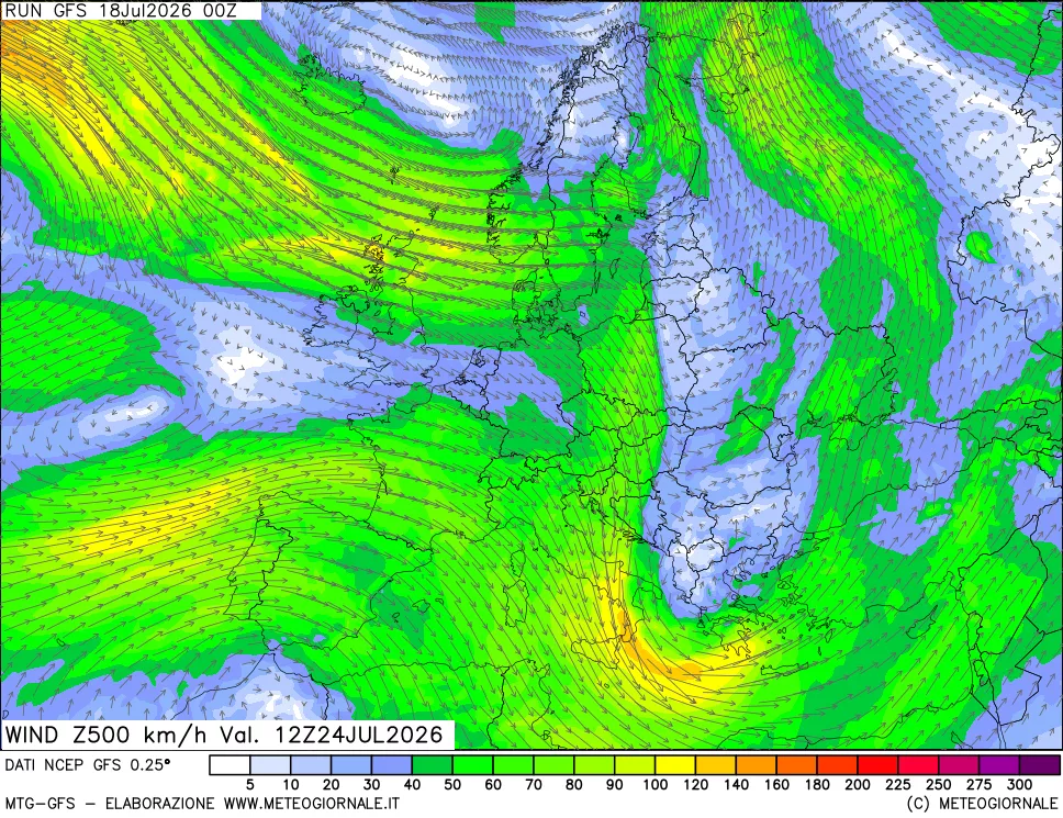 mappa 500 hPa Vento forza e direzione