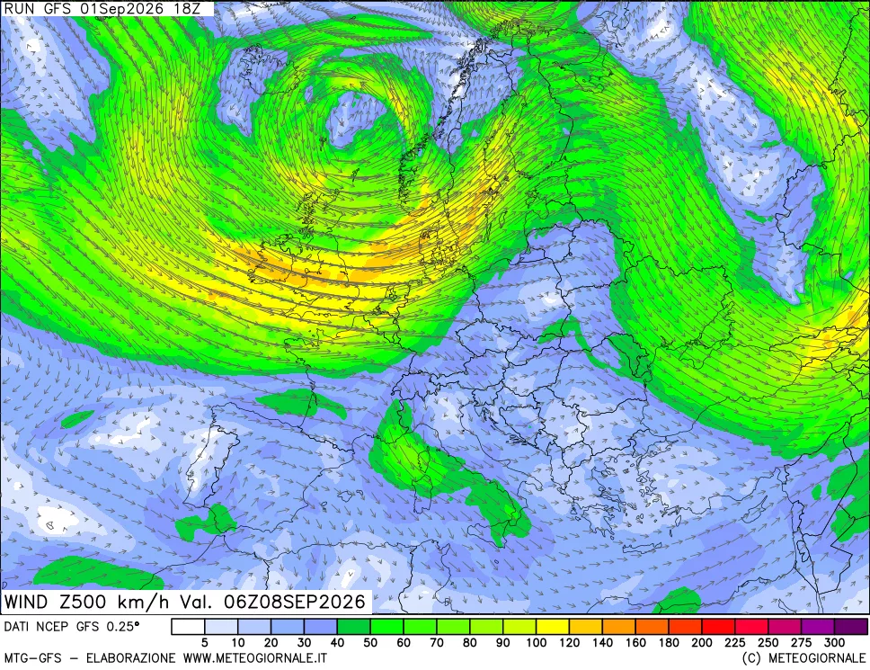 mappa 500 hPa Vento forza e direzione