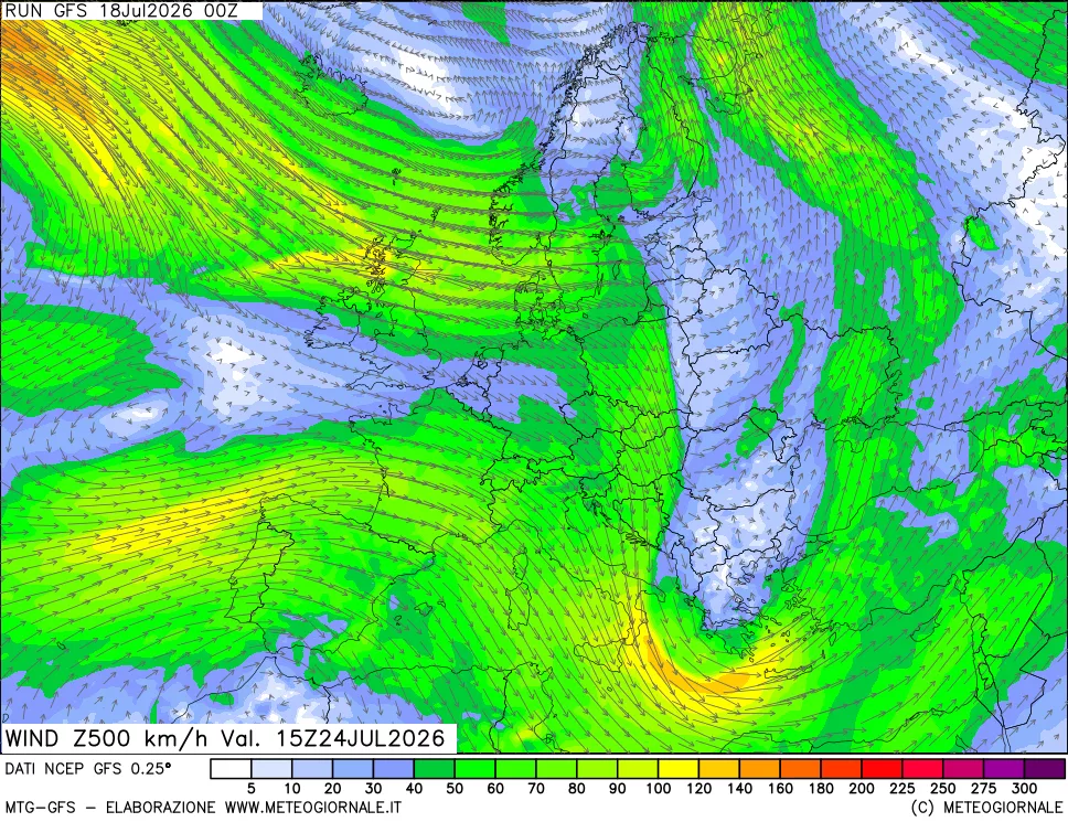mappa 500 hPa Vento forza e direzione
