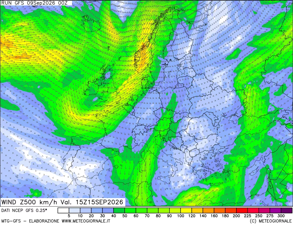 mappa 500 hPa Vento forza e direzione