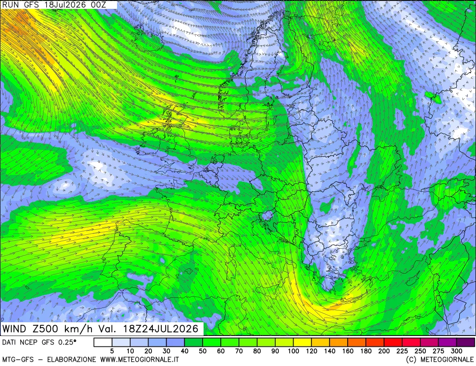 mappa 500 hPa Vento forza e direzione