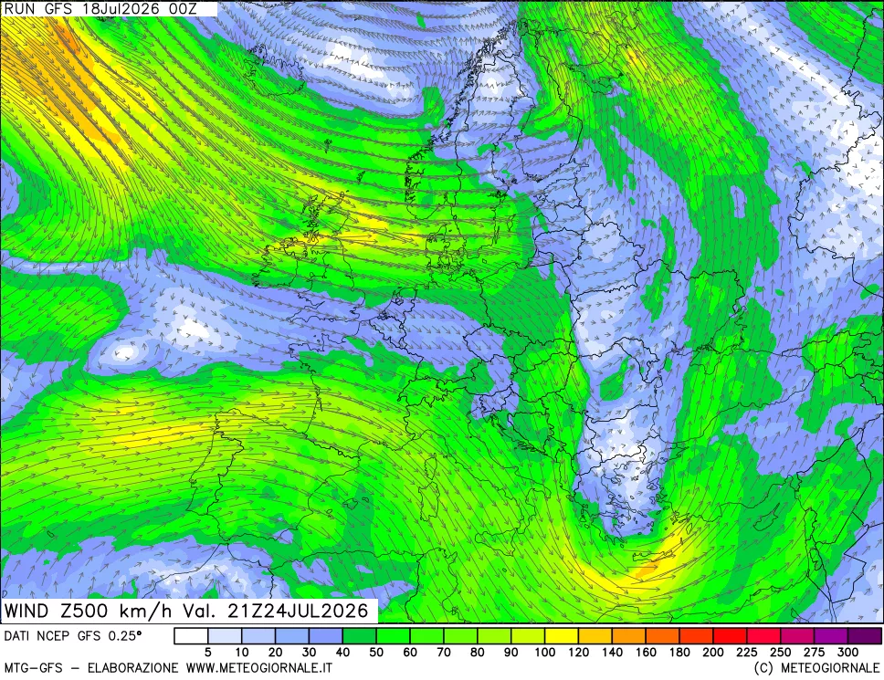 mappa 500 hPa Vento forza e direzione