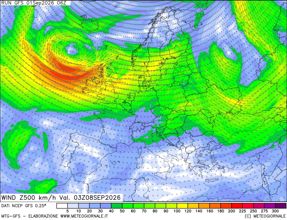 mappa 500 hPa Vento forza e direzione
