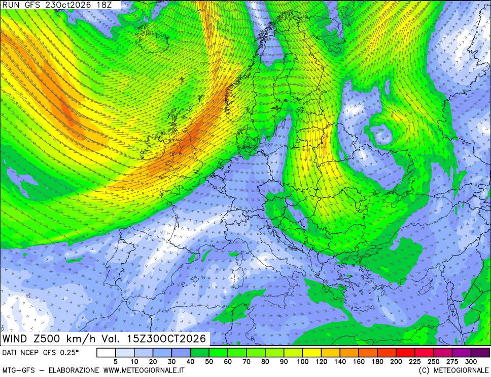 mappa 500 hPa Vento forza e direzione