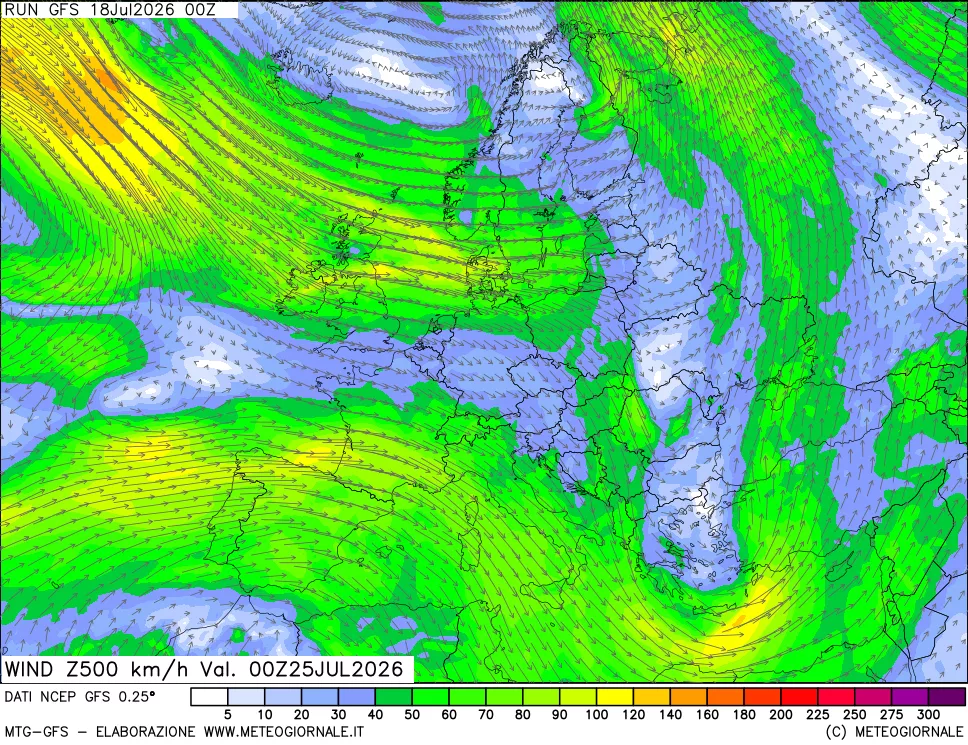 mappa 500 hPa Vento forza e direzione
