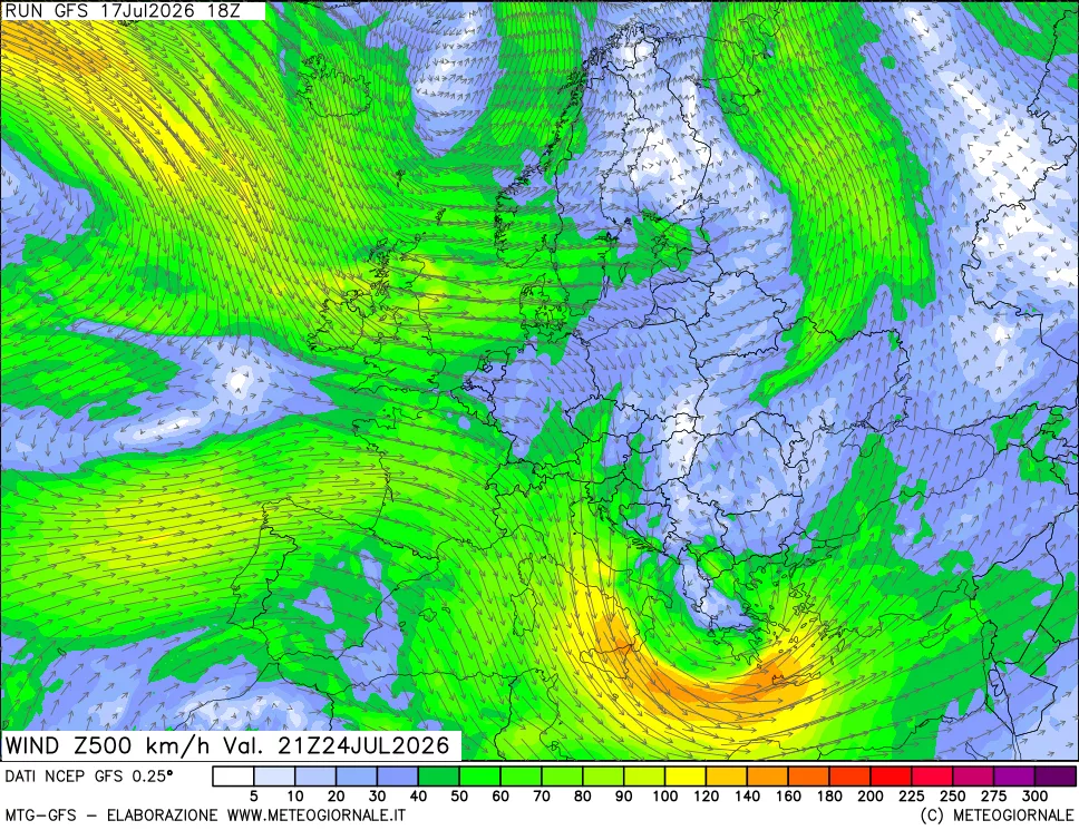 mappa 500 hPa Vento forza e direzione