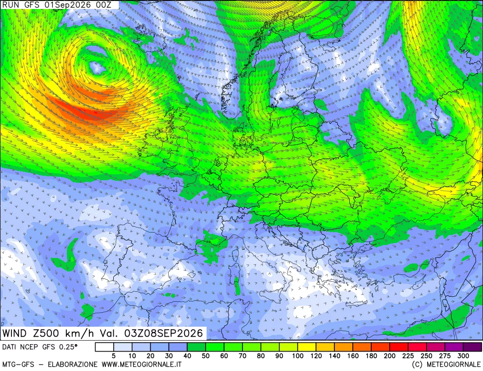 mappa 500 hPa Vento forza e direzione