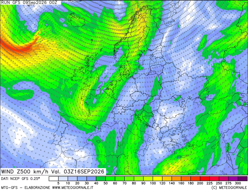 mappa 500 hPa Vento forza e direzione