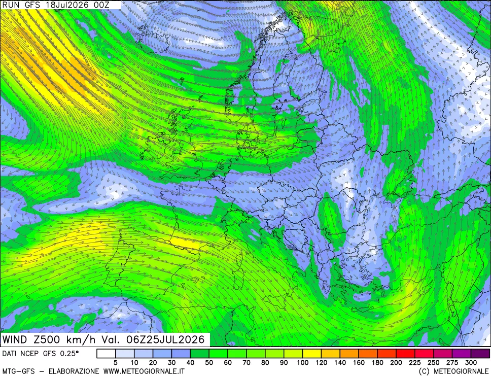 mappa 500 hPa Vento forza e direzione
