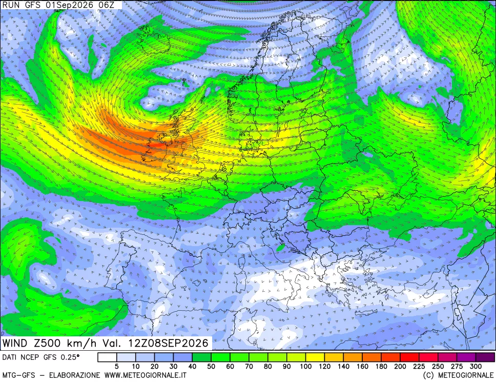 mappa 500 hPa Vento forza e direzione
