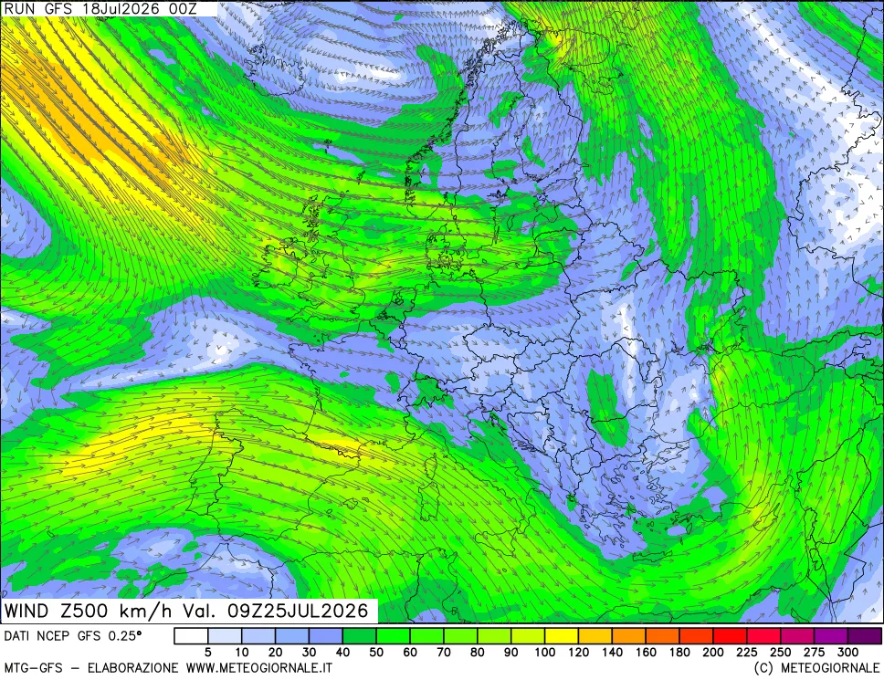 mappa 500 hPa Vento forza e direzione