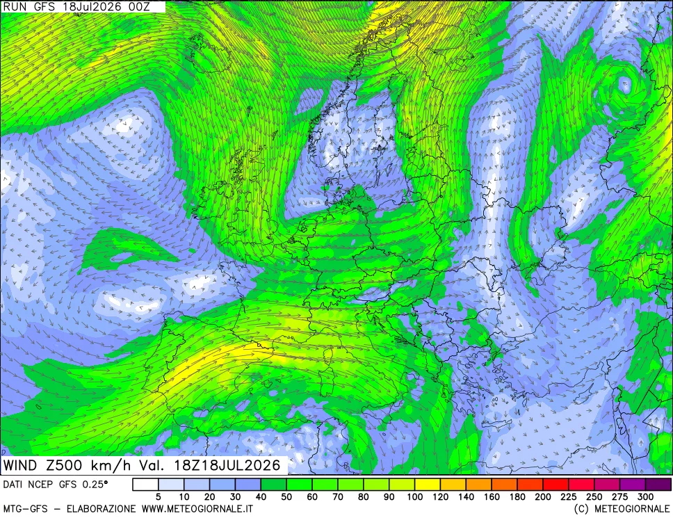 mappa 500 hPa Vento forza e direzione