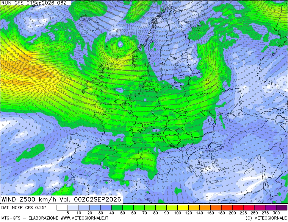 mappa 500 hPa Vento forza e direzione