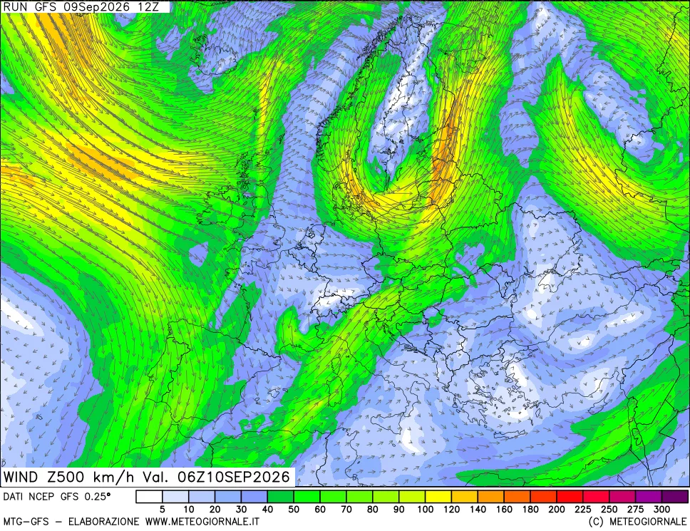 mappa 500 hPa Vento forza e direzione