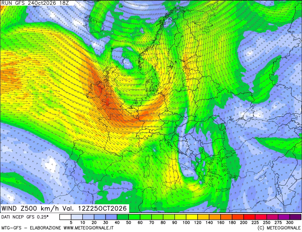 mappa 500 hPa Vento forza e direzione