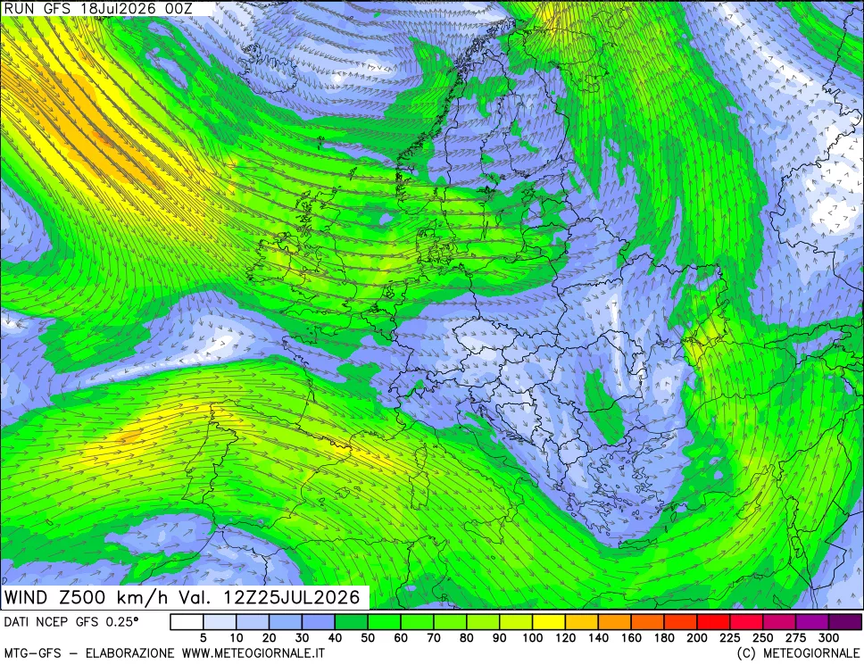 mappa 500 hPa Vento forza e direzione
