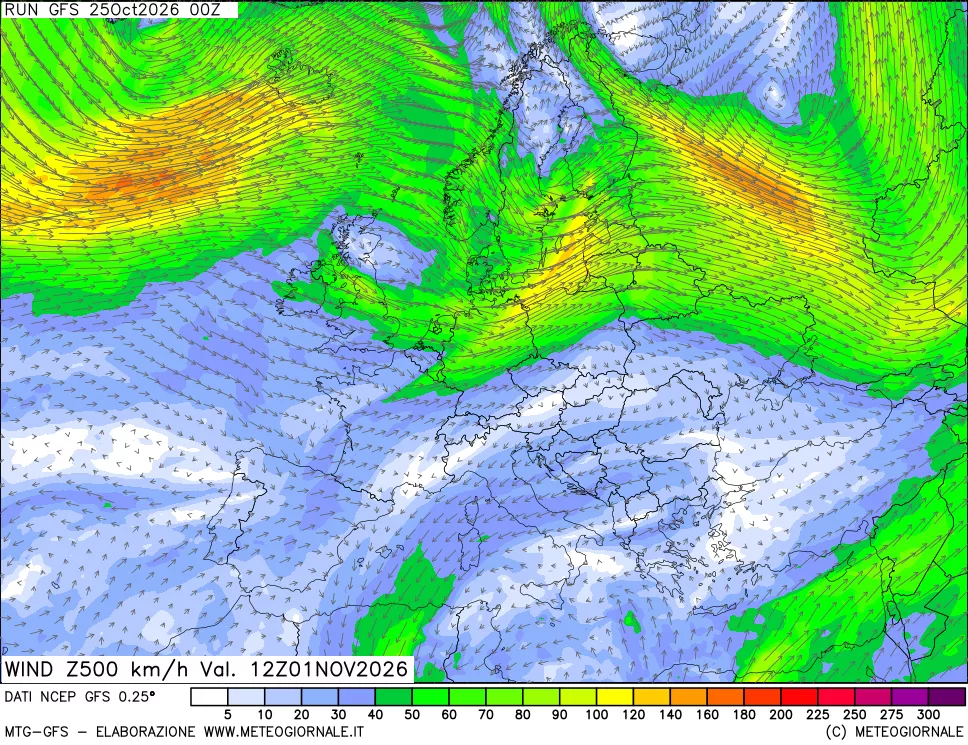 mappa 500 hPa Vento forza e direzione