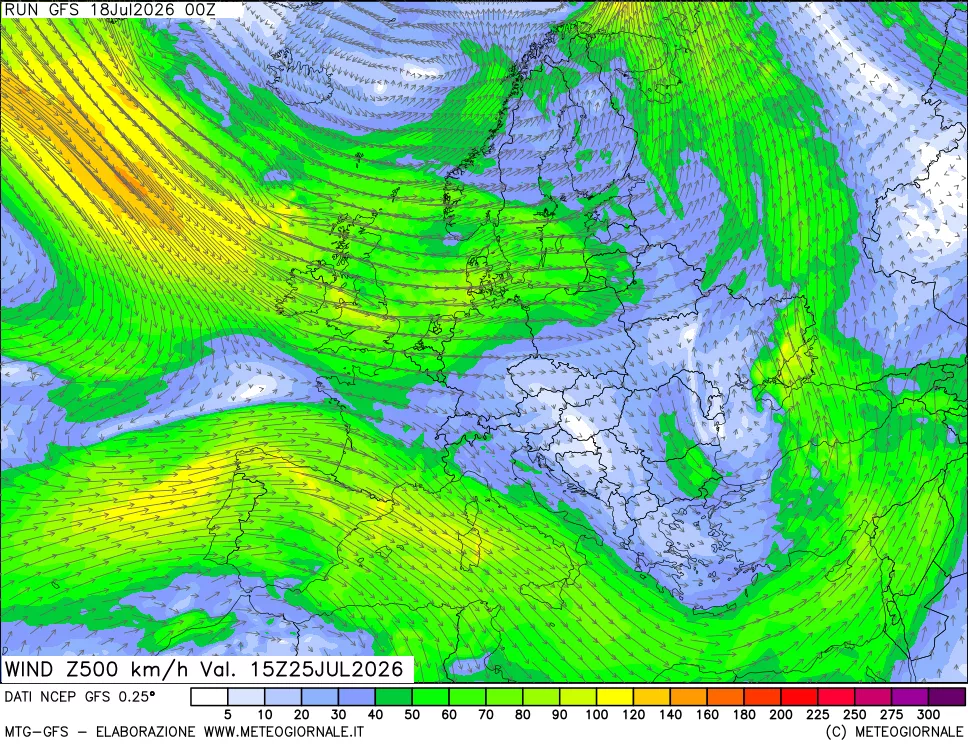 mappa 500 hPa Vento forza e direzione