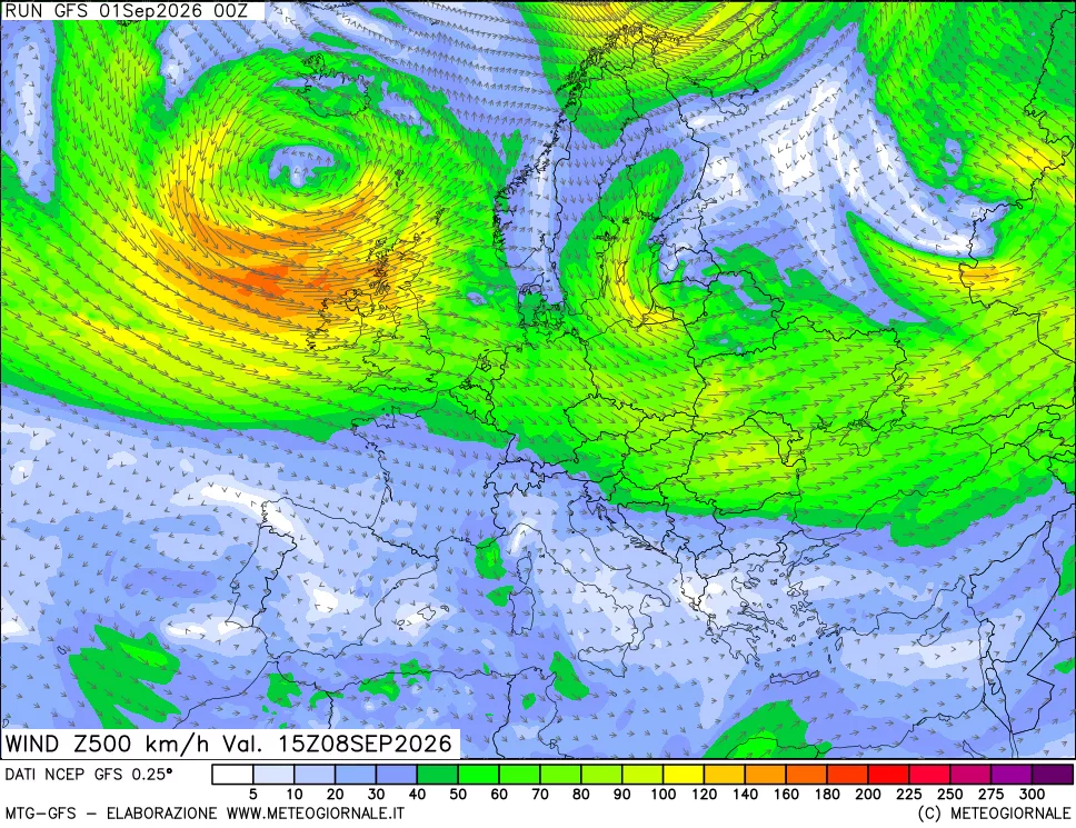 mappa 500 hPa Vento forza e direzione