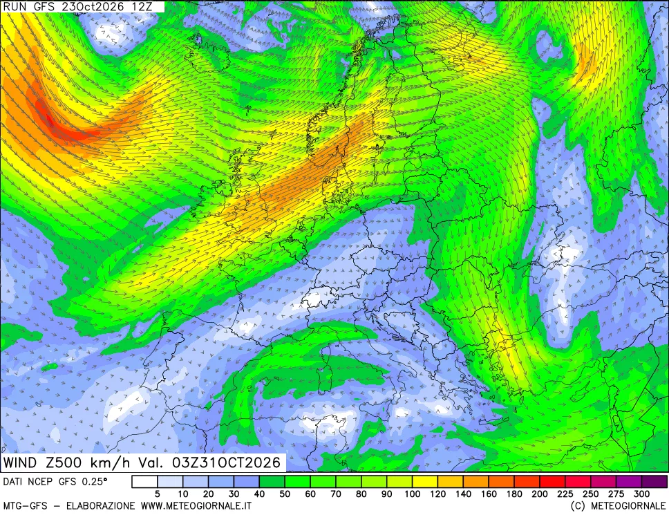 mappa 500 hPa Vento forza e direzione