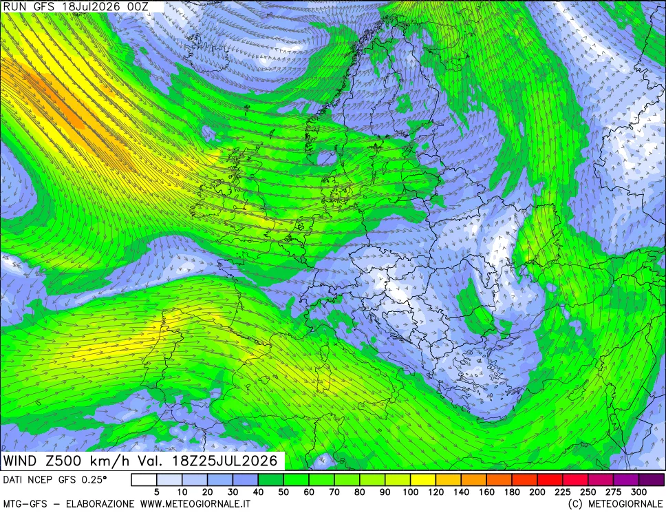 mappa 500 hPa Vento forza e direzione
