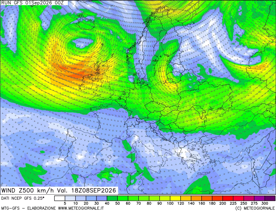 mappa 500 hPa Vento forza e direzione