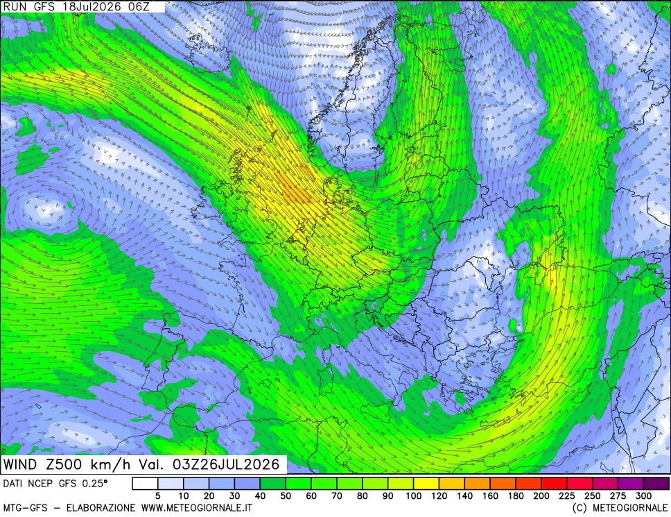 mappa 500 hPa Vento forza e direzione