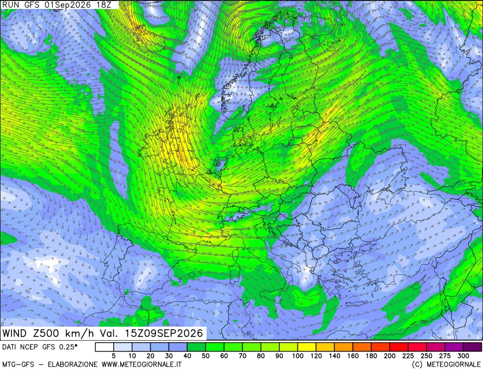 mappa 500 hPa Vento forza e direzione