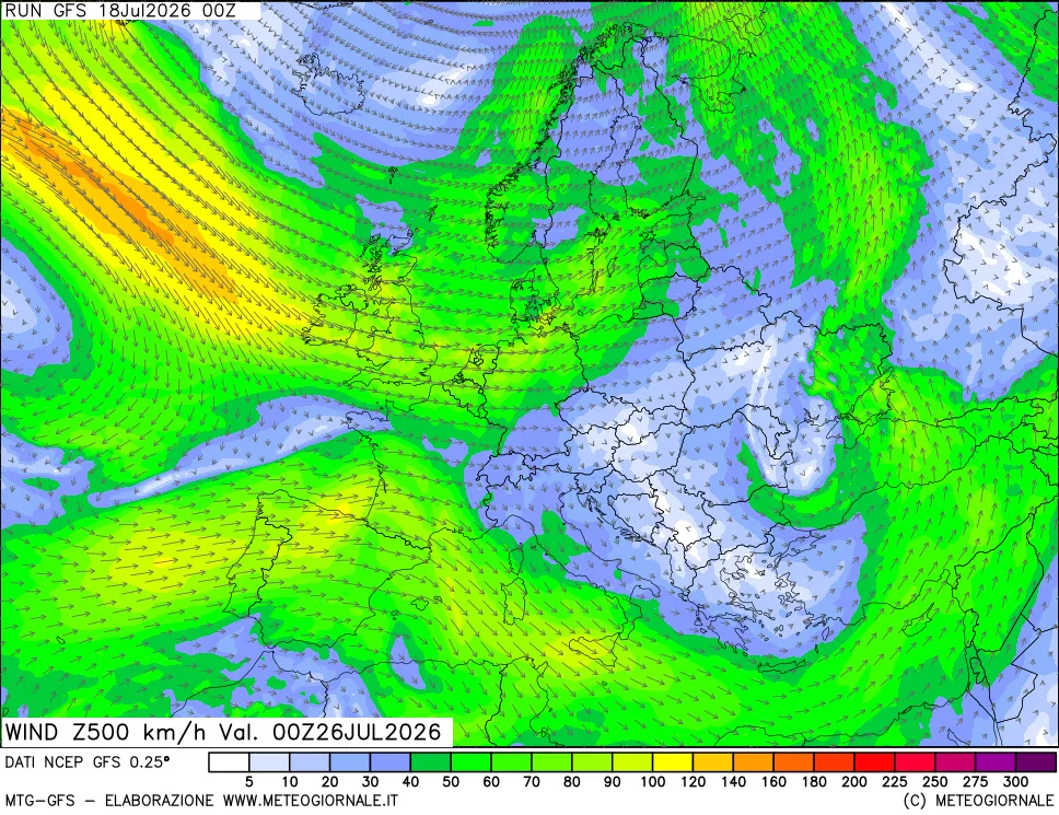 mappa 500 hPa Vento forza e direzione