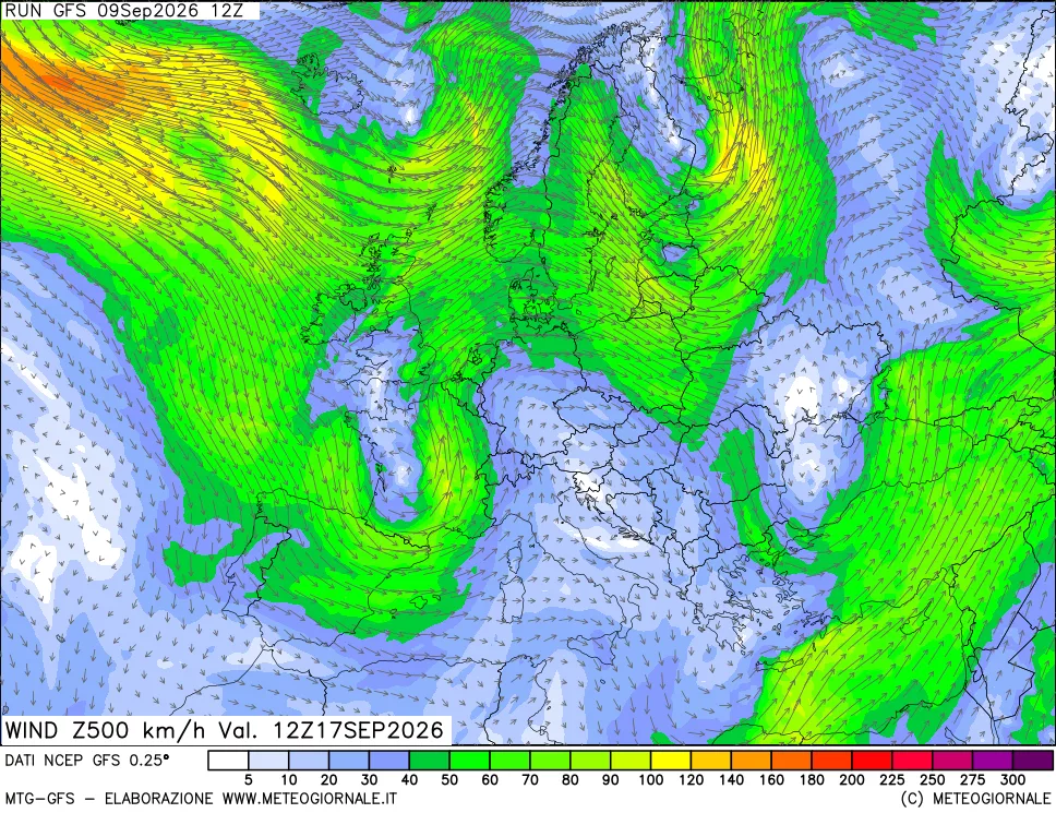 mappa 500 hPa Vento forza e direzione