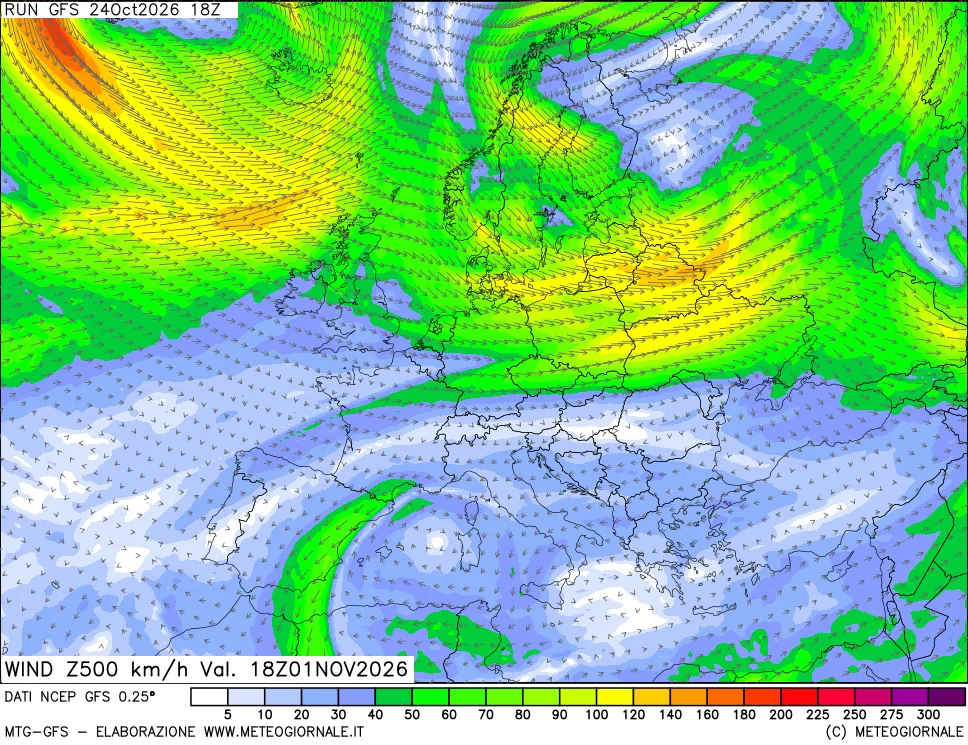 mappa 500 hPa Vento forza e direzione
