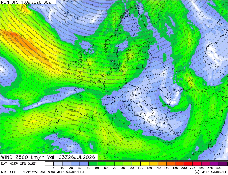 mappa 500 hPa Vento forza e direzione