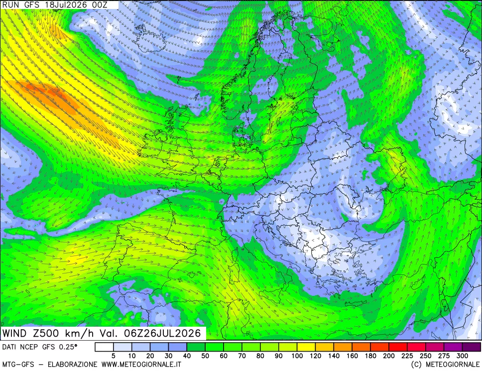 mappa 500 hPa Vento forza e direzione