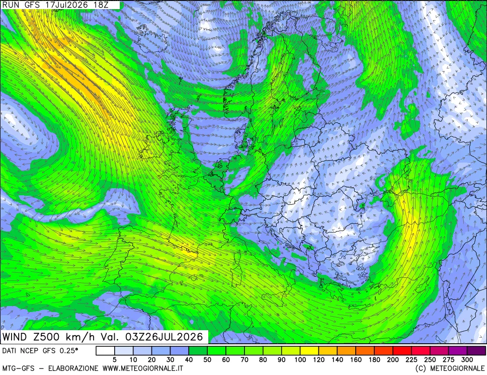 mappa 500 hPa Vento forza e direzione