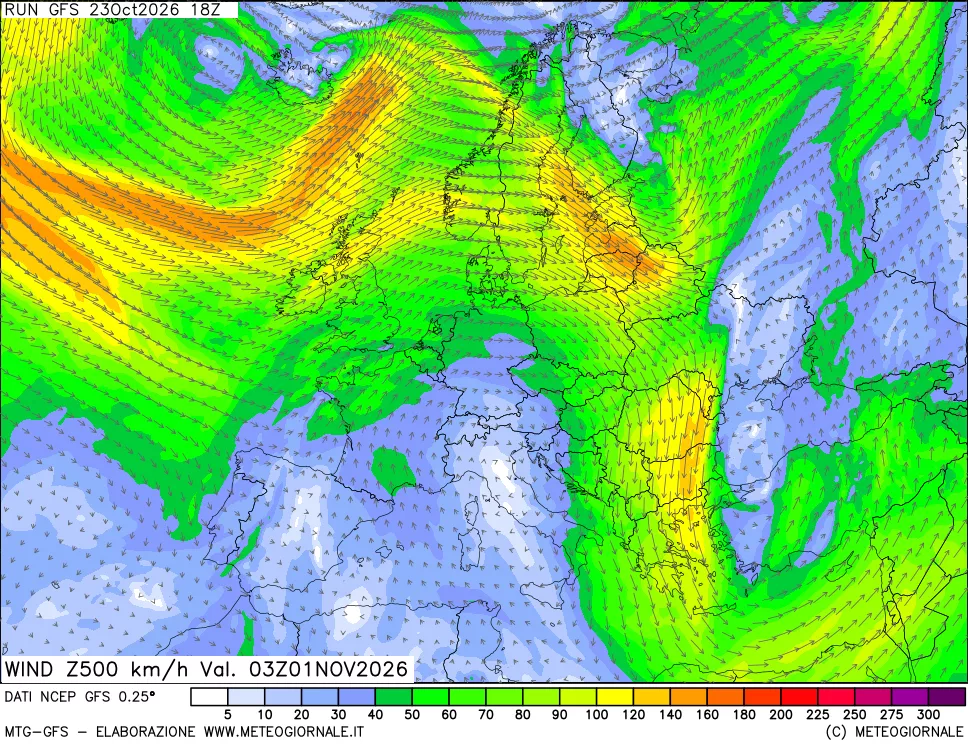 mappa 500 hPa Vento forza e direzione