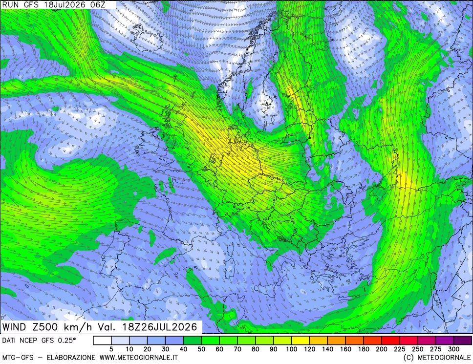 mappa 500 hPa Vento forza e direzione