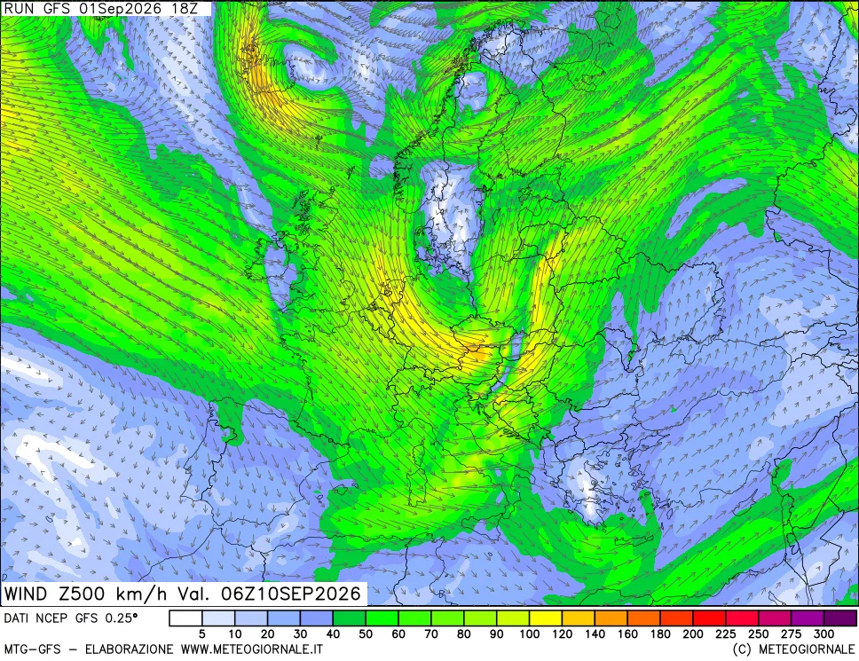 mappa 500 hPa Vento forza e direzione