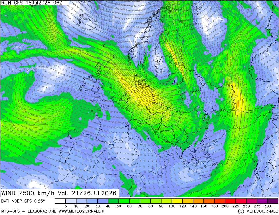 mappa 500 hPa Vento forza e direzione
