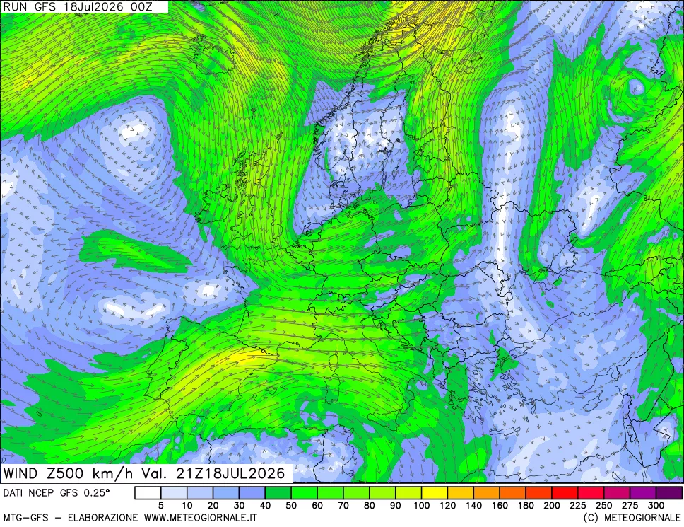 mappa 500 hPa Vento forza e direzione