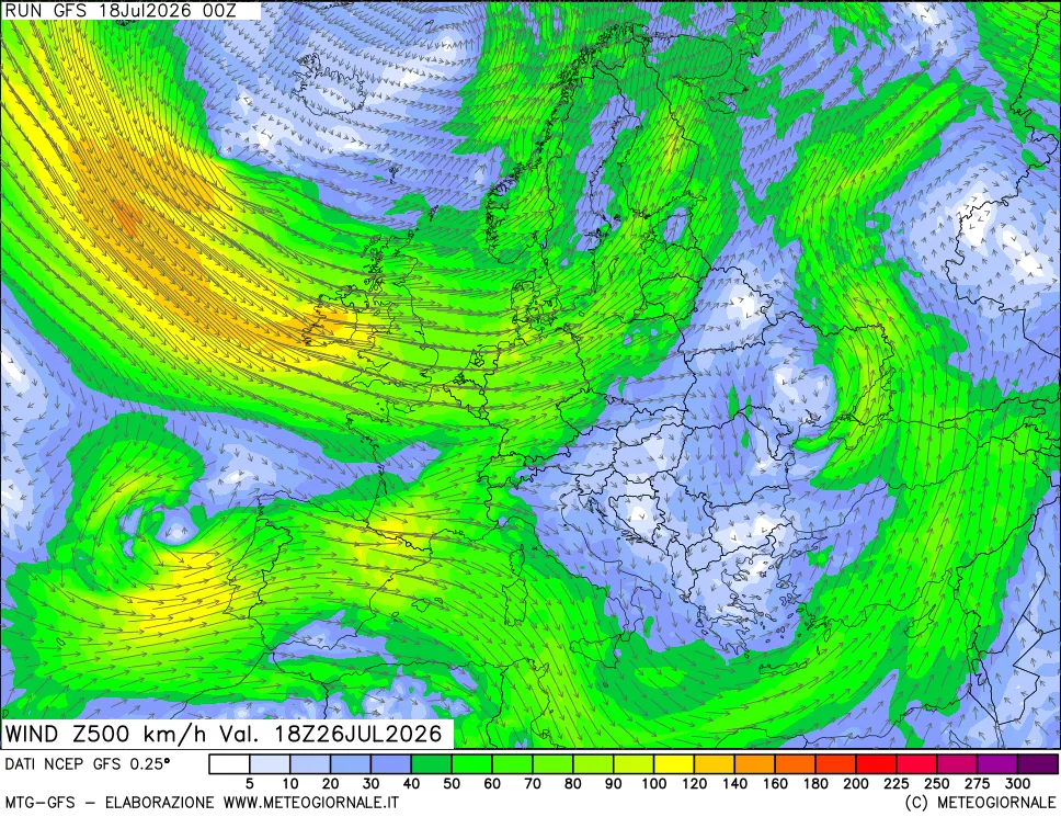 mappa 500 hPa Vento forza e direzione